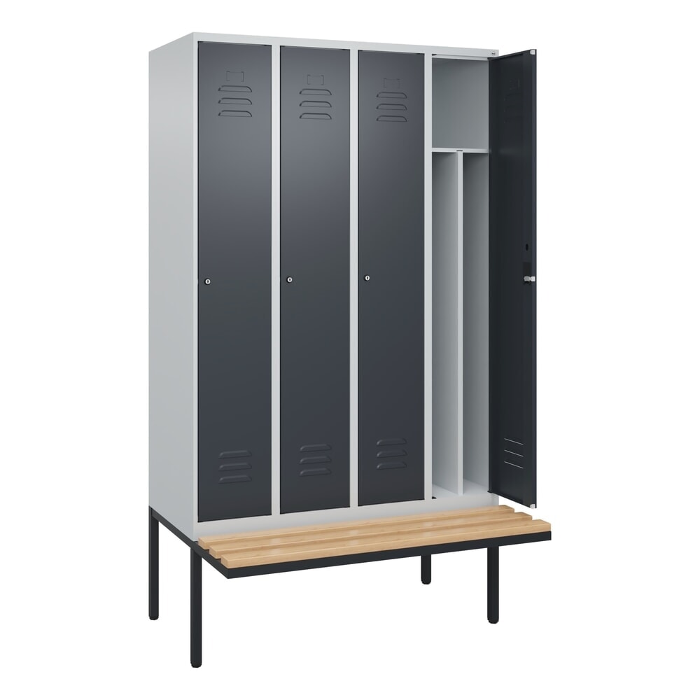 Illustration du produit: C+P Spind Classic PLUS, 4 Abteile, Trennwand, HxBxT 2.120 x 1.200 x 815 mm, Zylinderschloss, auskragende Bank aus Buche, lichtgrau, anthrazitgrau