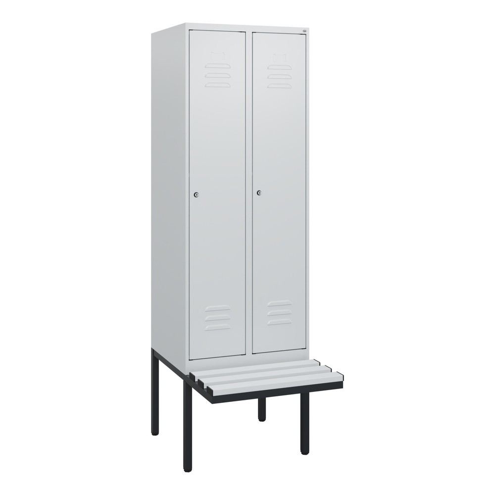 Produktabbildung: C+P Spind Classic PLUS, 2 Abteile, HxBxT 1.950 x 600 x 815 mm, Zylinderschloss, auskragende Bank aus Kunststoff, lichtgrau, lichtgrau