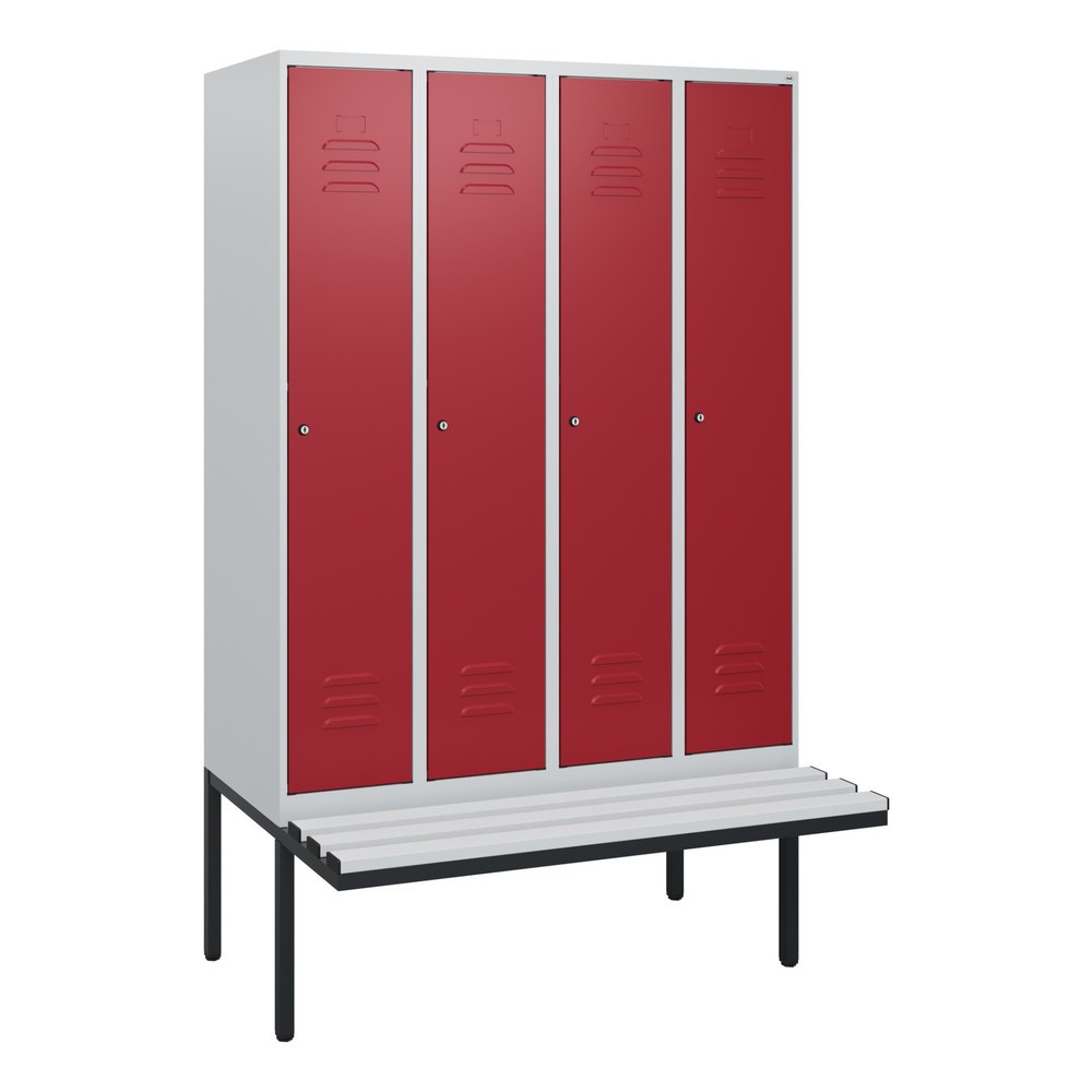 Produktabbildung: C+P Spind Classic PLUS, 4 Abteile, HxBxT 1.950 x 1.200 x 815 mm, Zylinderschloss, auskragende Bank aus Kunststoff, lichtgrau, rubinrot
