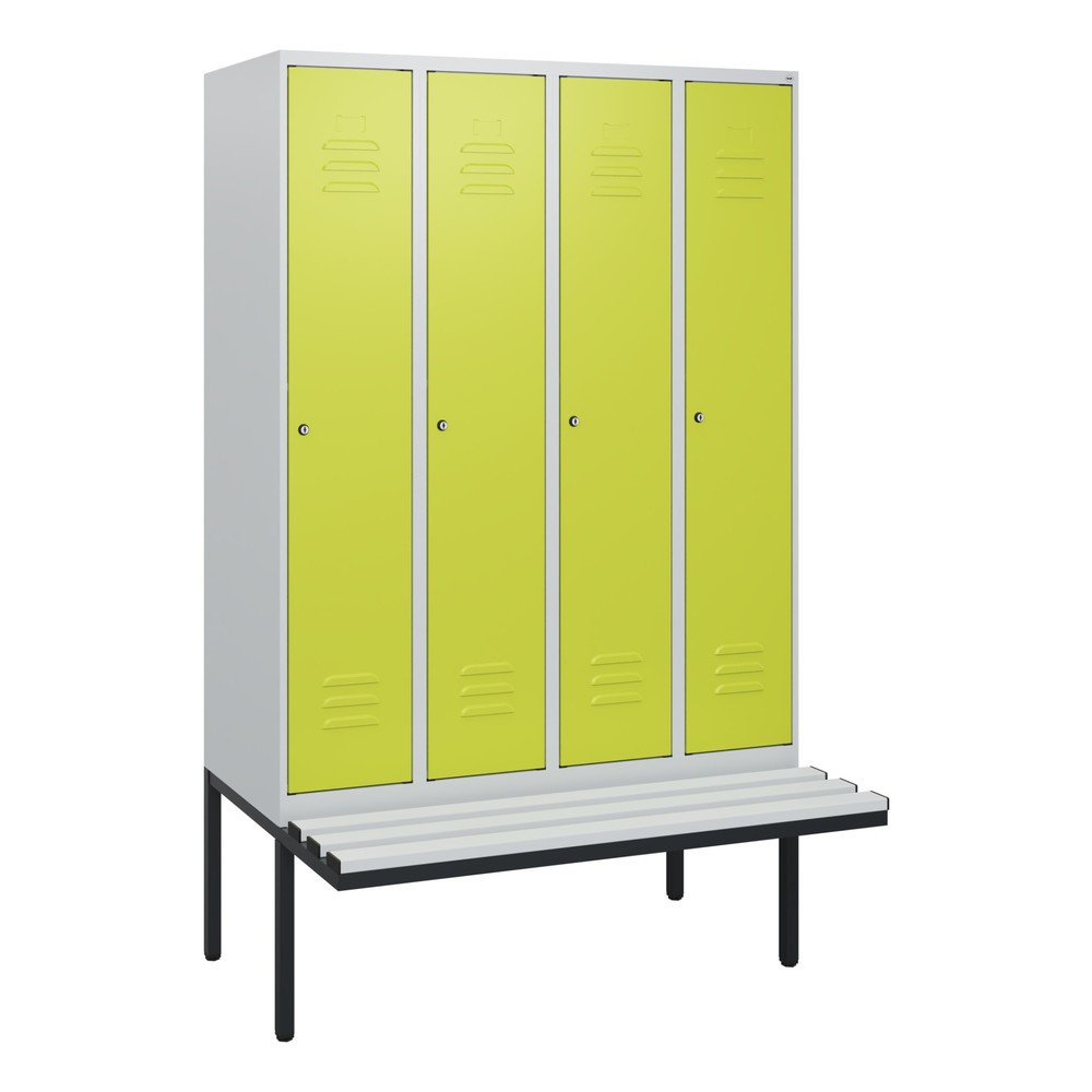 Produktabbildung: C+P Spind Classic PLUS, 4 Abteile, HxBxT 1.950 x 1.200 x 815 mm, Zylinderschloss, auskragende Bank aus Kunststoff, lichtgrau, clowngrün