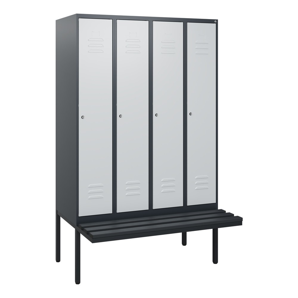Produktabbildung: C+P Spind Classic PLUS, 4 Abteile, HxBxT 1.950 x 1.200 x 815 mm, Zylinderschloss, auskragende Bank aus Kunststoff, anthrazitgrau, lichtgrau