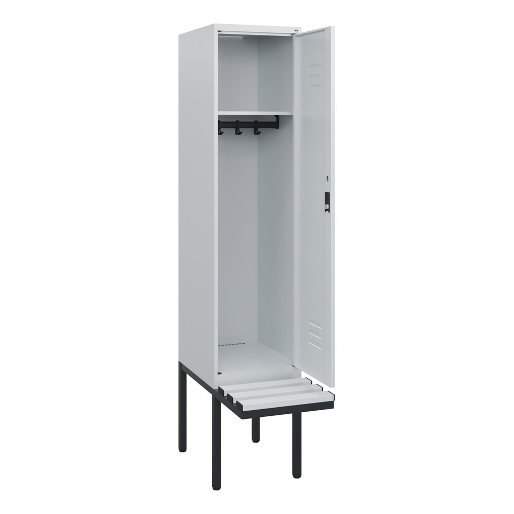 Produktabbildung: C+P Spind Classic PLUS, 1 Abteil, HxBxT 1.950 x 400 x 815 mm, Zylinderschloss, auskragende Bank aus Kunststoff, lichtgrau, lichtgrau