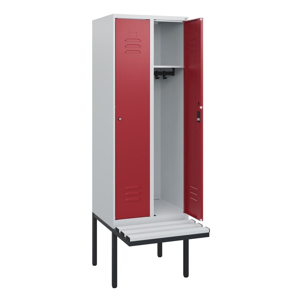 Illustration du produit: C+P Spind Classic PLUS, 2 Abteile, HxBxT 1.950 x 600 x 815 mm, Zylinderschloss, auskragende Bank aus Kunststoff, lichtgrau, rubinrot