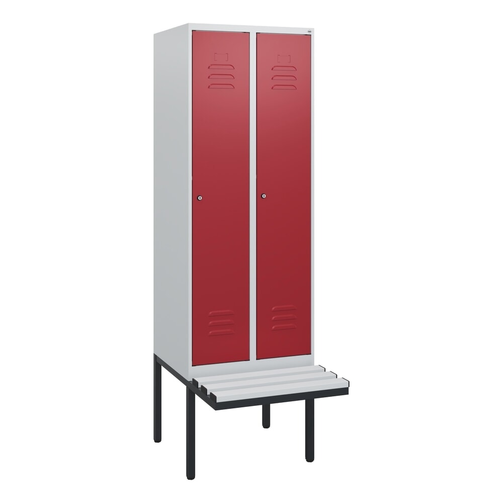 N° de l'image du produit 9 : C+P Spind Classic PLUS, 2 Abteile, HxBxT 1.950 x 600 x 815 mm, Zylinderschloss, auskragende Bank aus Kunststoff, lichtgrau, rubinrot