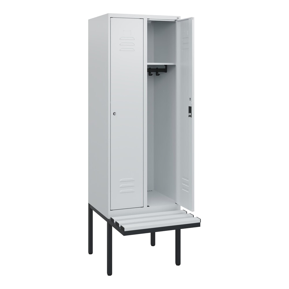 Illustration du produit: C+P Spind Classic PLUS, 2 Abteile, HxBxT 1.950 x 600 x 815 mm, Zylinderschloss, auskragende Bank aus Kunststoff, lichtgrau, lichtgrau