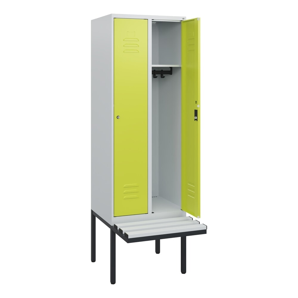 Illustration du produit: C+P Spind Classic PLUS, 2 Abteile, HxBxT 1.950 x 600 x 815 mm, Zylinderschloss, auskragende Bank aus Kunststoff, lichtgrau, clowngrün