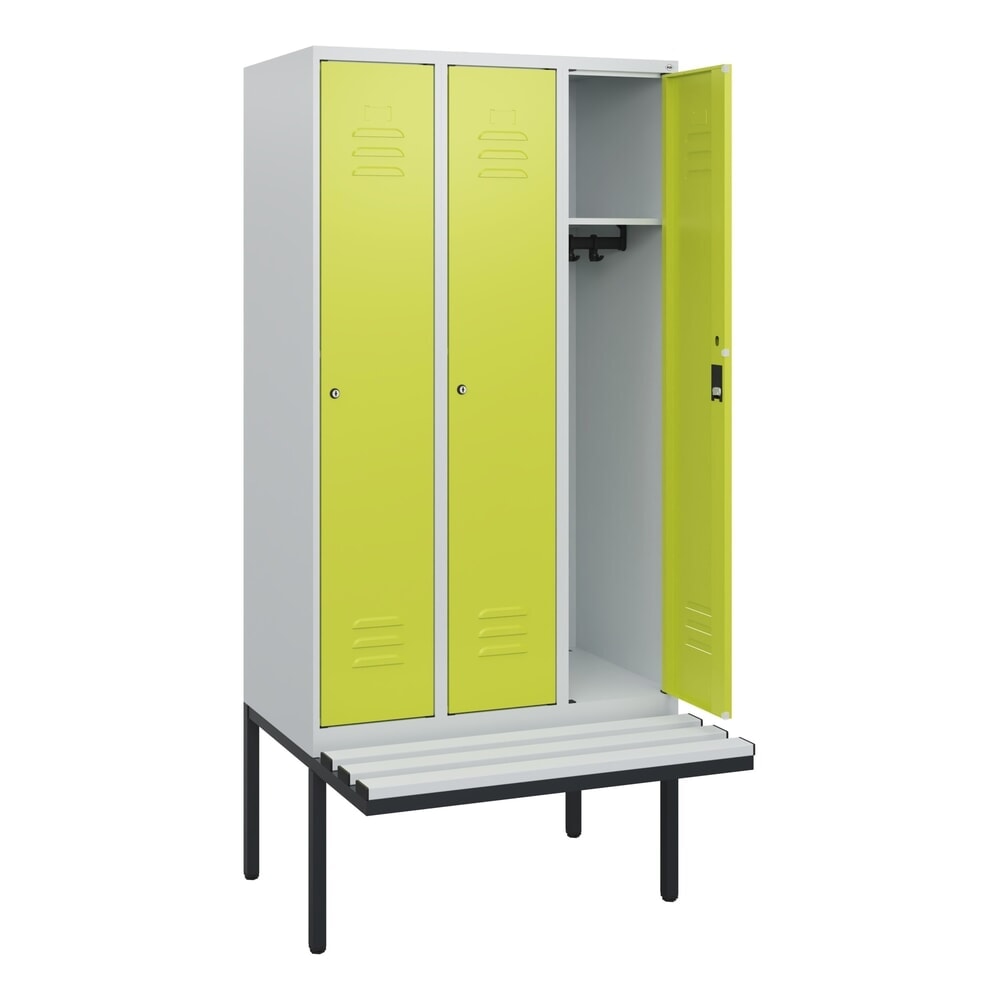 Illustration du produit: C+P Spind Classic PLUS, 3 Abteile, HxBxT 1.950 x 900 x 815 mm, Zylinderschloss, auskragende Bank aus Kunststoff, lichtgrau, clowngrün