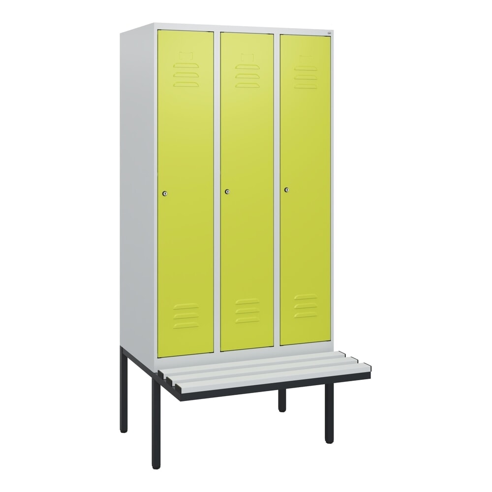 N° de l'image du produit 9 : C+P Spind Classic PLUS, 3 Abteile, HxBxT 1.950 x 900 x 815 mm, Zylinderschloss, auskragende Bank aus Kunststoff, lichtgrau, clowngrün