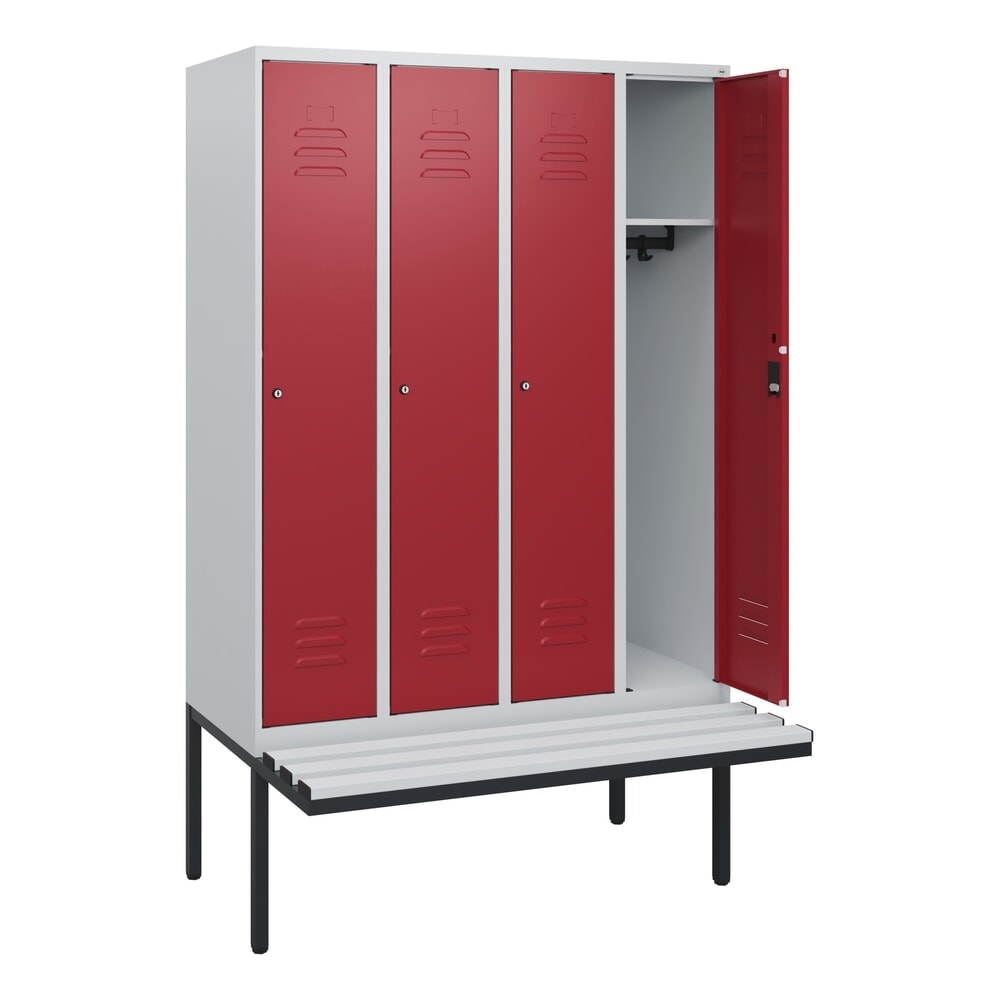 Illustration du produit: C+P Spind Classic PLUS, 4 Abteile, HxBxT 1.950 x 1.200 x 815 mm, Zylinderschloss, auskragende Bank aus Kunststoff, lichtgrau, rubinrot