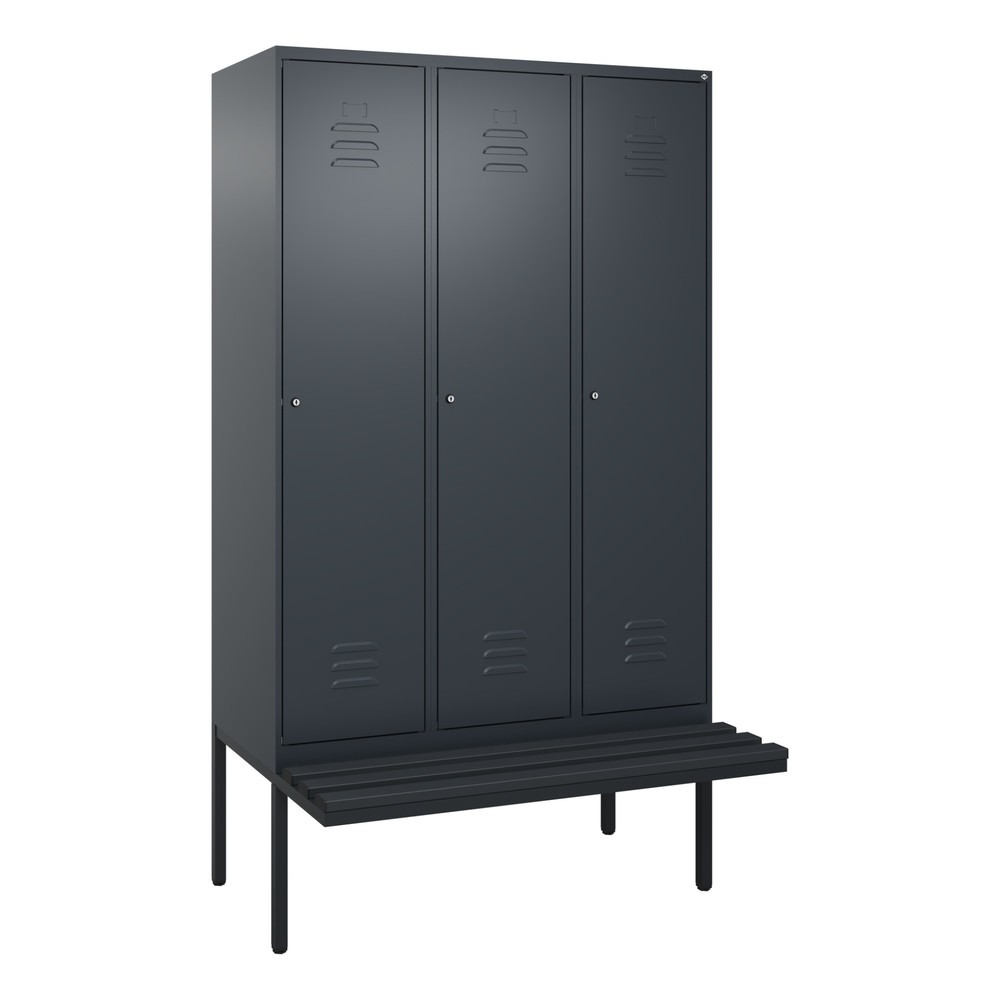 Illustration du produit: C+P Spind Classic PLUS, 3 Abteile, HxBxT 2.120 x 1.200 x 815 mm, Zylinderschloss, auskragende Bank aus Kunststoff, anthrazitgrau, anthrazitgrau