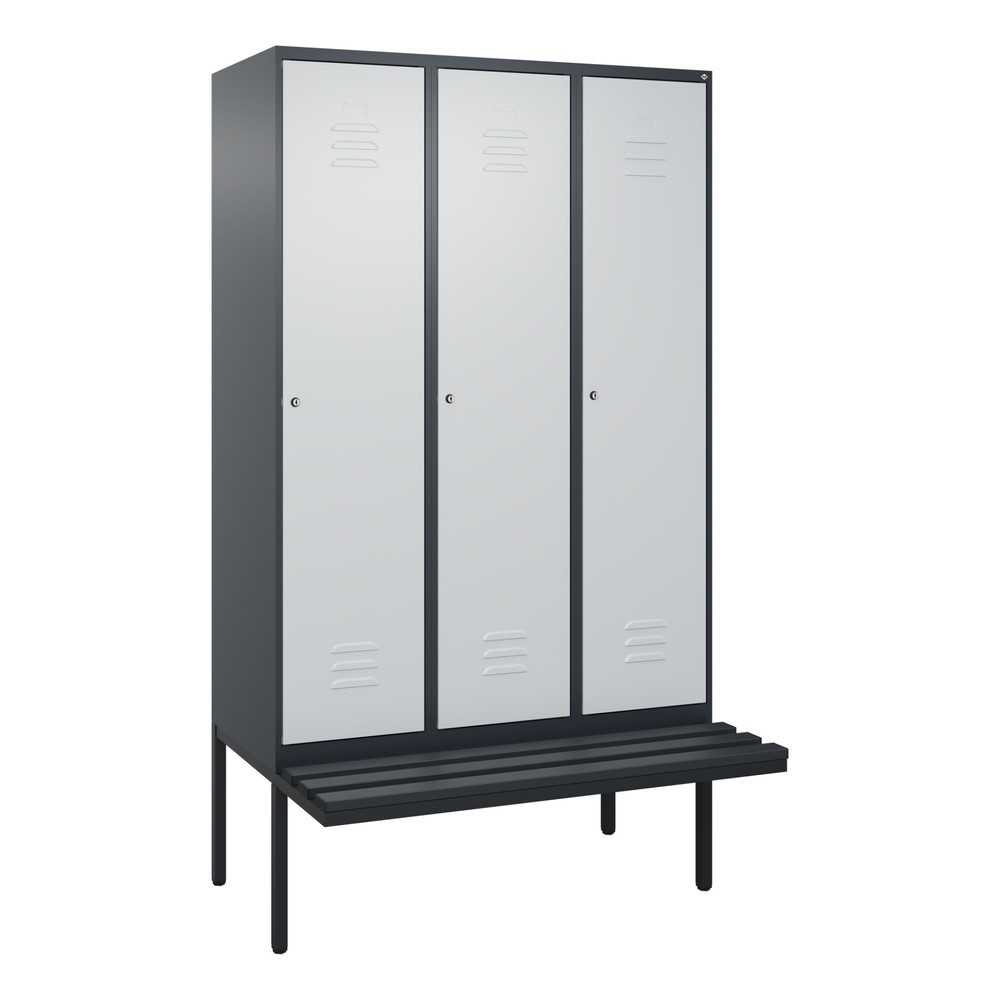 Illustration du produit: C+P Spind Classic PLUS, 3 Abteile, HxBxT 2.120 x 1.200 x 815 mm, Zylinderschloss, auskragende Bank aus Kunststoff, anthrazitgrau, lichtgrau