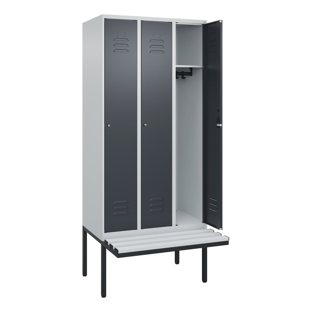 C+P Spind Classic PLUS, 3 Abteile, HxBxT 2.120 x 900 x 815 mm, Zylinderschloss, auskragende Bank aus Kunststoff, lichtgrau, anthrazitgrau Produktabbildung: C+P Spind Classic PLUS, 3 Abteile, HxBxT 2.120 x 900 x 815 mm, Zylinderschloss, auskragende Bank aus Kunststoff, lichtgrau, anthrazitgrau
