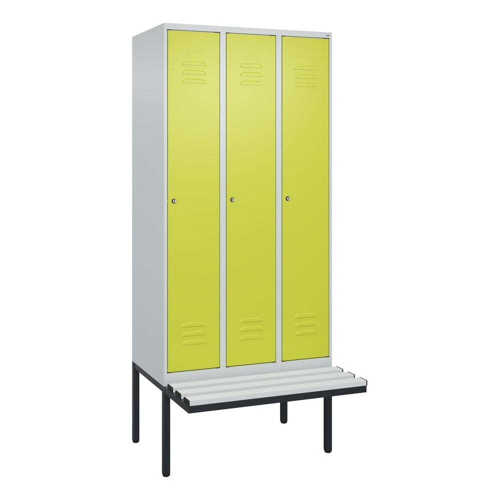 C+P Spind Classic PLUS, 3 Abteile, HxBxT 2.120 x 900 x 815 mm, Zylinderschloss, auskragende Bank aus Kunststoff, lichtgrau, clowngrün Produktabbildung Nr. 9: C+P Spind Classic PLUS, 3 Abteile, HxBxT 2.120 x 900 x 815 mm, Zylinderschloss, auskragende Bank aus Kunststoff, lichtgrau, clowngrün