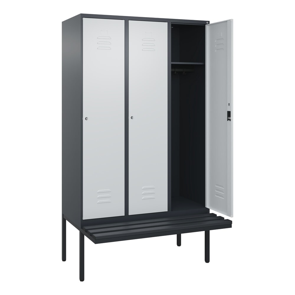 Illustration du produit: C+P Spind Classic PLUS, 3 Abteile, HxBxT 2.120 x 1.200 x 815 mm, Zylinderschloss, auskragende Bank aus Kunststoff, anthrazitgrau, lichtgrau