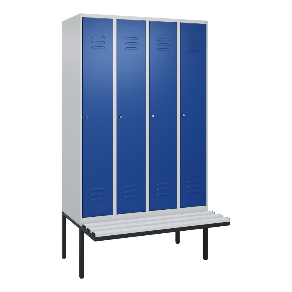 Illustration du produit: C+P Spind Classic PLUS, 4 Abteile, Trennwand, HxBxT 2.120 x 1.200 x 815 mm, Zylinderschloss, auskragende Bank aus Kunststoff, lichtgrau, enzianblau