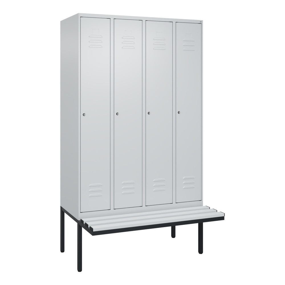 Illustration du produit: C+P Spind Classic PLUS, 4 Abteile, Trennwand, HxBxT 2.120 x 1.200 x 815 mm, Zylinderschloss, auskragende Bank aus Kunststoff, lichtgrau, lichtgrau
