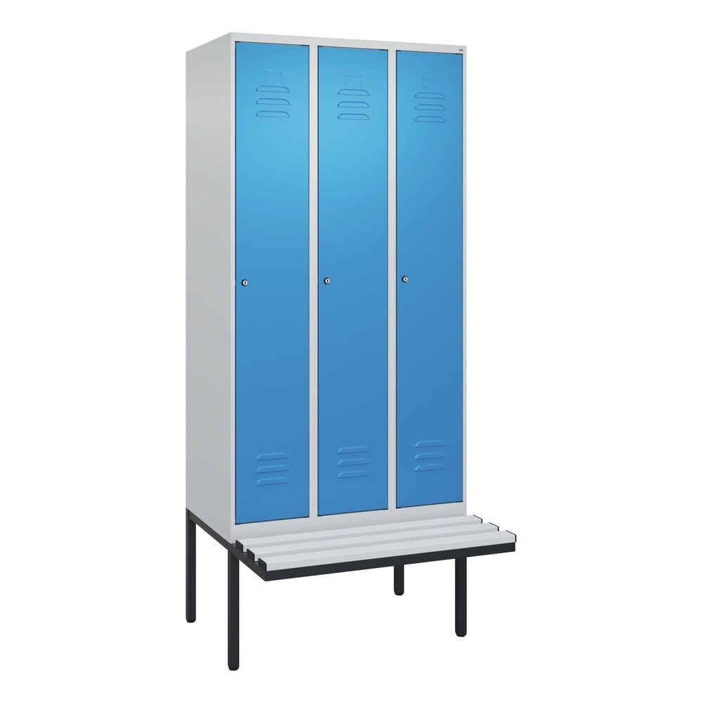 N° de l'image du produit 9 : C+P Spind Classic PLUS, 3 Abteile, Trennwand, HxBxT 2.120 x 900 x 815 mm, Zylinderschloss, auskragende Bank aus Kunststoff, lichtgrau, lichtblau