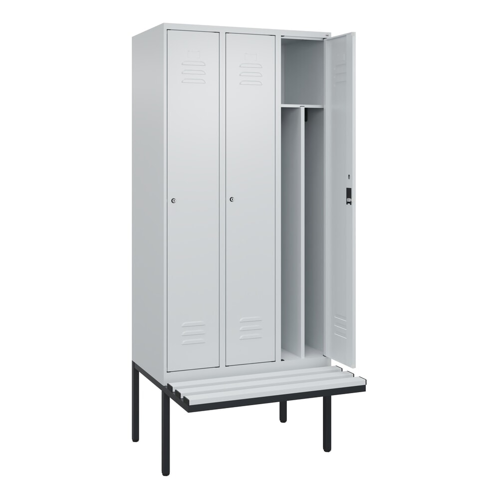 Illustration du produit: C+P Spind Classic PLUS, 3 Abteile, Trennwand, HxBxT 2.120 x 900 x 815 mm, Zylinderschloss, auskragende Bank aus Kunststoff, lichtgrau, lichtgrau