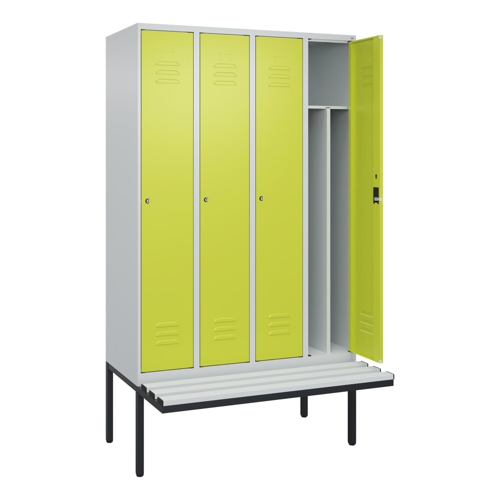 Illustration du produit: C+P Spind Classic PLUS, 4 Abteile, Trennwand, HxBxT 2.120 x 1.200 x 815 mm, Zylinderschloss, auskragende Bank aus Kunststoff, lichtgrau, clowngrün
