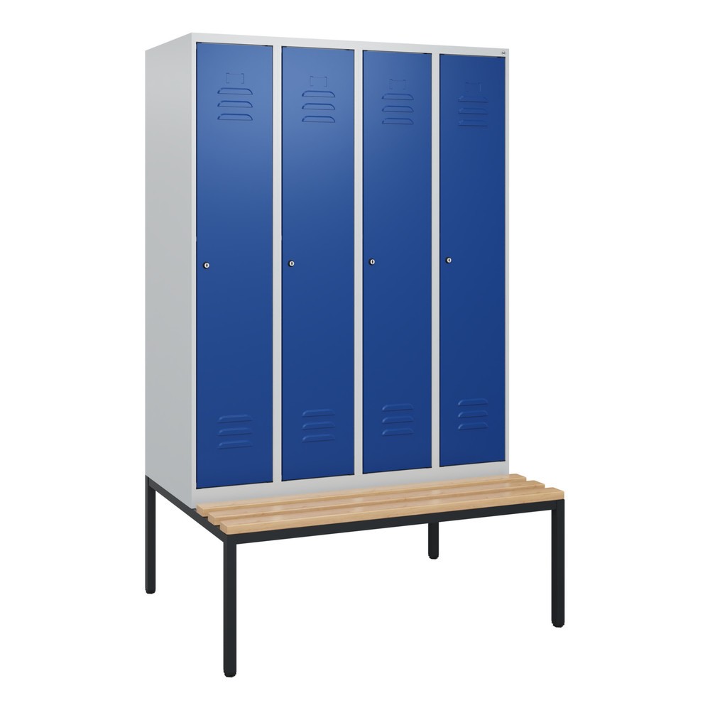 Produktabbildung: C+P Spind Classic PLUS, Zylinderschloss, untergebaute Bank aus Buche, 1-4 Abteile, HxT 1.950 x 815 mm