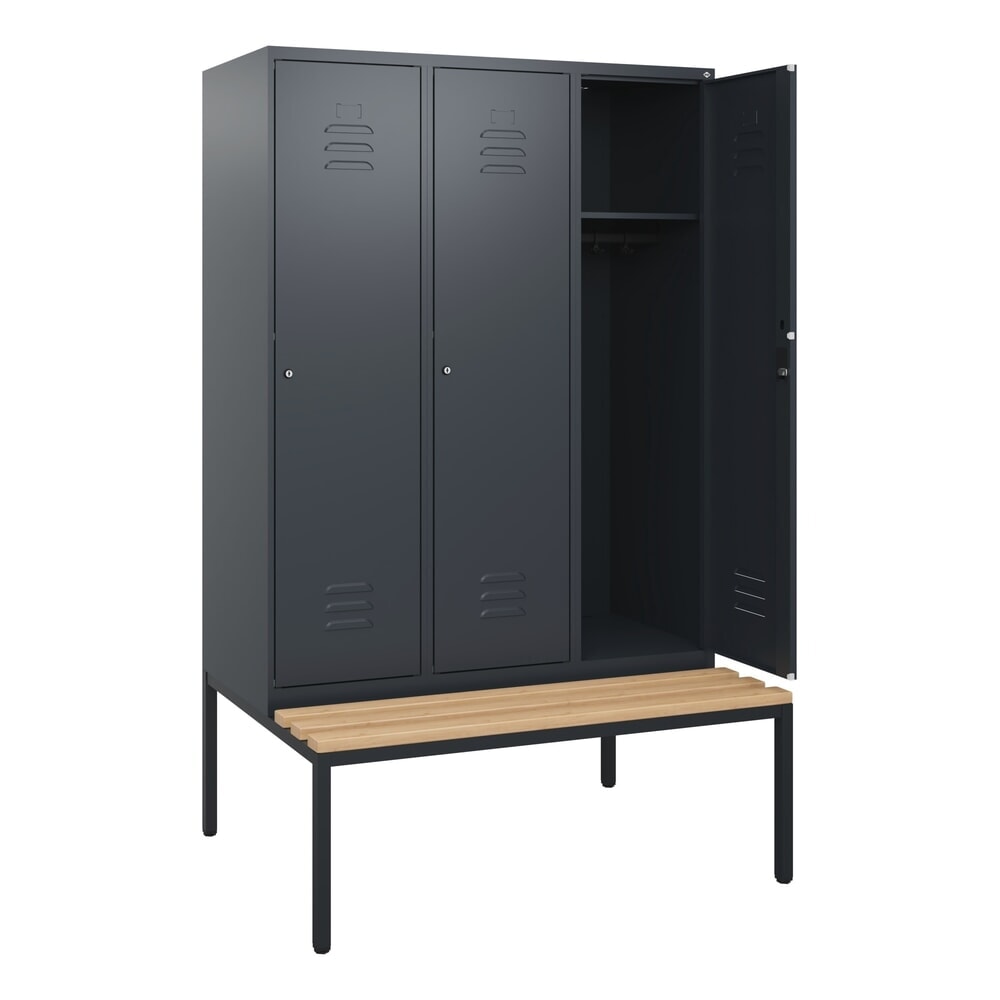 Illustration du produit: C+P Spind Classic PLUS, 3 Abteile, HxBxT 1.950 x 1.200 x 815 mm, Zylinderschloss, untergebaute Bank aus Buche, anthrazitgrau, anthrazitgrau