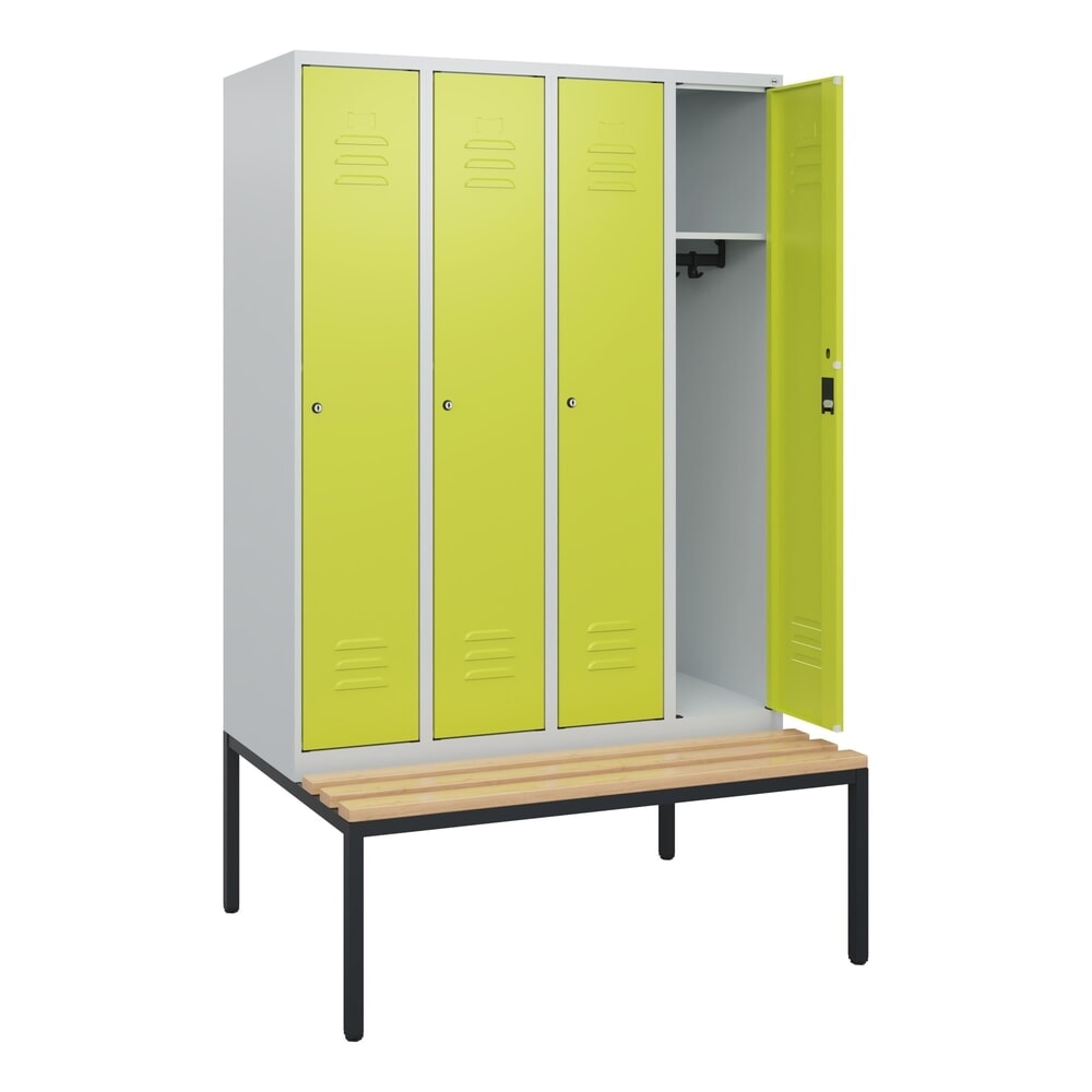 Illustration du produit: C+P Spind Classic PLUS, 4 Abteile, HxBxT 1.950 x 1.200 x 815 mm, Zylinderschloss, untergebaute Bank aus Buche, lichtgrau, clowngrün