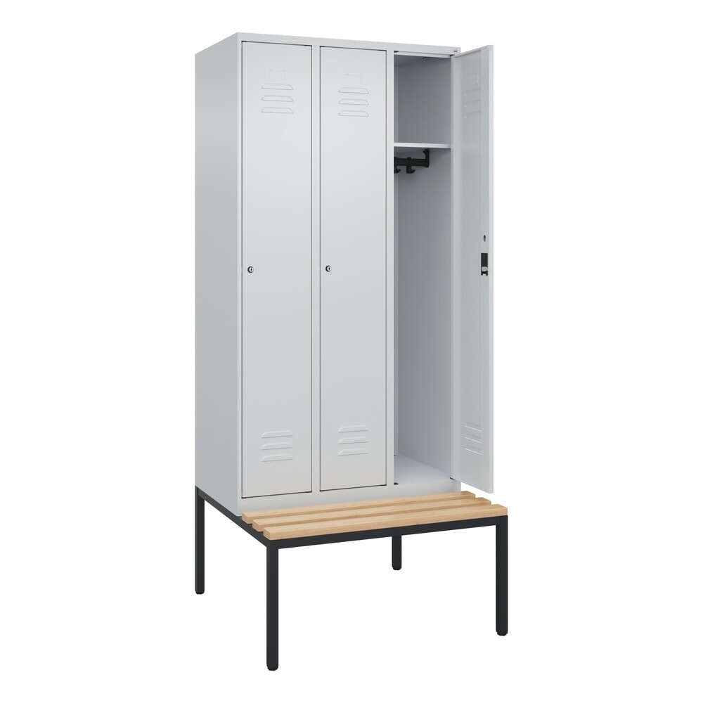 Illustration du produit: C+P Spind Classic PLUS, 3 Abteile, HxBxT 2.120 x 900 x 815 mm, Zylinderschloss, untergebaute Bank aus Buche, lichtgrau, lichtgrau