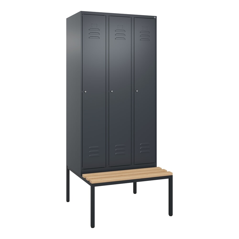 N° de l'image du produit 9 : C+P Spind Classic PLUS, 3 Abteile, Trennwand, HxBxT 2.120 x 900 x 815 mm, Zylinderschloss, Trennwand, untergebaute Bank aus Buche, anthrazitgrau, anthrazitgrau