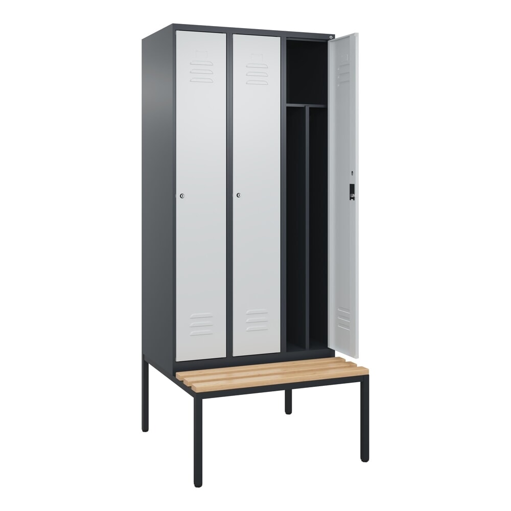 C+P Spind Classic PLUS, 3 Abteile, Trennwand, HxBxT 2.120 x 900 x 815 mm, Zylinderschloss, Trennwand, untergebaute Bank aus Buche, anthrazitgrau, lichtgrau Illustration du produit: C+P Spind Classic PLUS, 3 Abteile, Trennwand, HxBxT 2.120 x 900 x 815 mm, Zylinderschloss, Trennwand, untergebaute Bank aus Buche, anthrazitgrau, lichtgrau