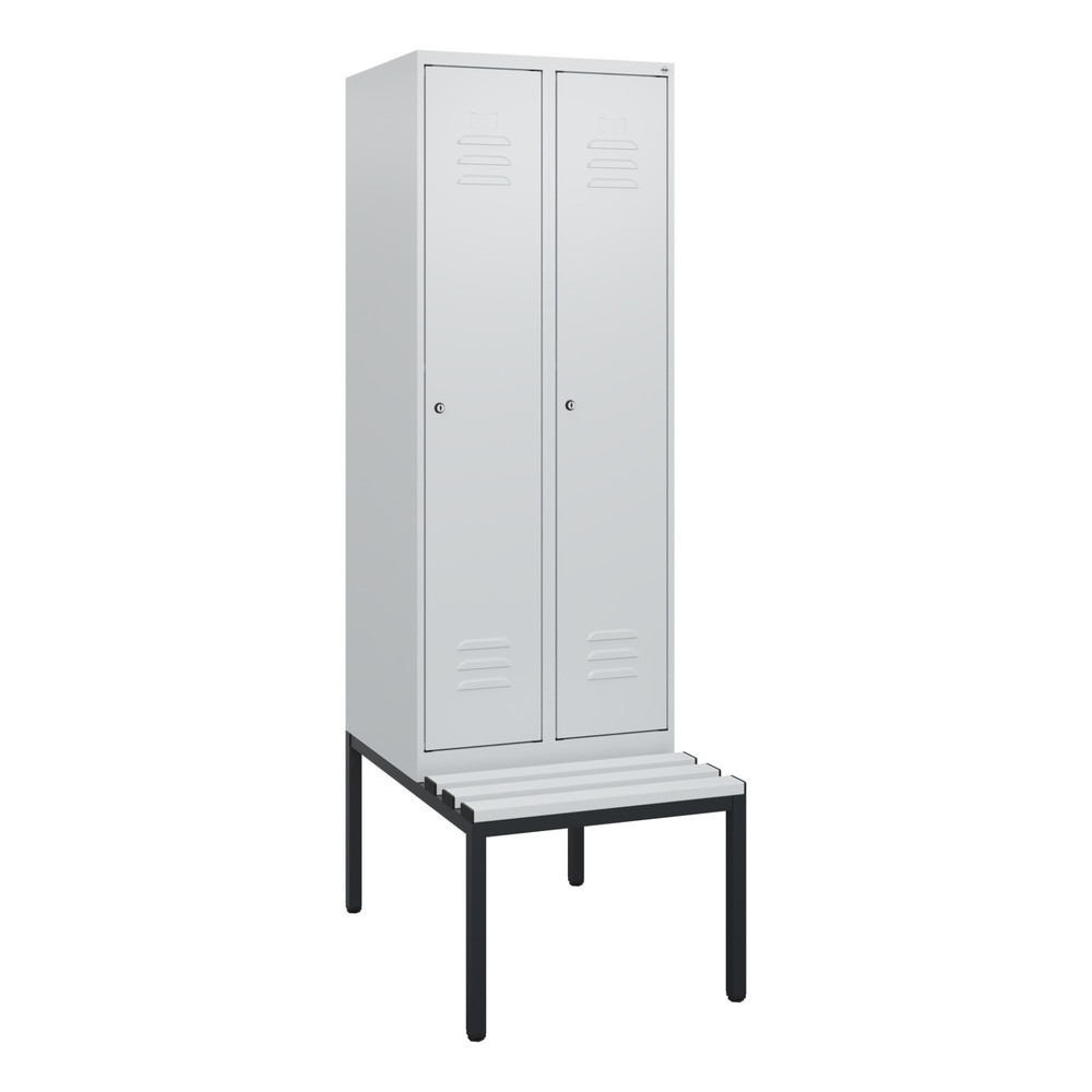 Produktabbildung: C+P Spind Classic PLUS, 2 Abteile, HxBxT 1.950 x 600 x 815 mm, Zylinderschloss, untergebaute Bank aus Kunststoff, lichtgrau, lichtgrau