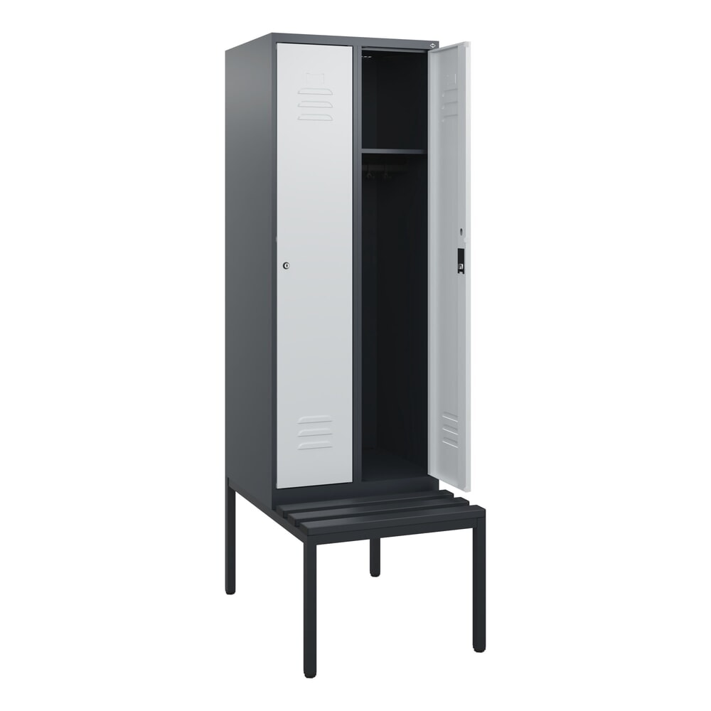 Illustration du produit: C+P Spind Classic PLUS, 2 Abteile, HxBxT 1.950 x 600 x 815 mm, Zylinderschloss, untergebaute Bank aus Kunststoff, anthrazitgrau, lichtgrau