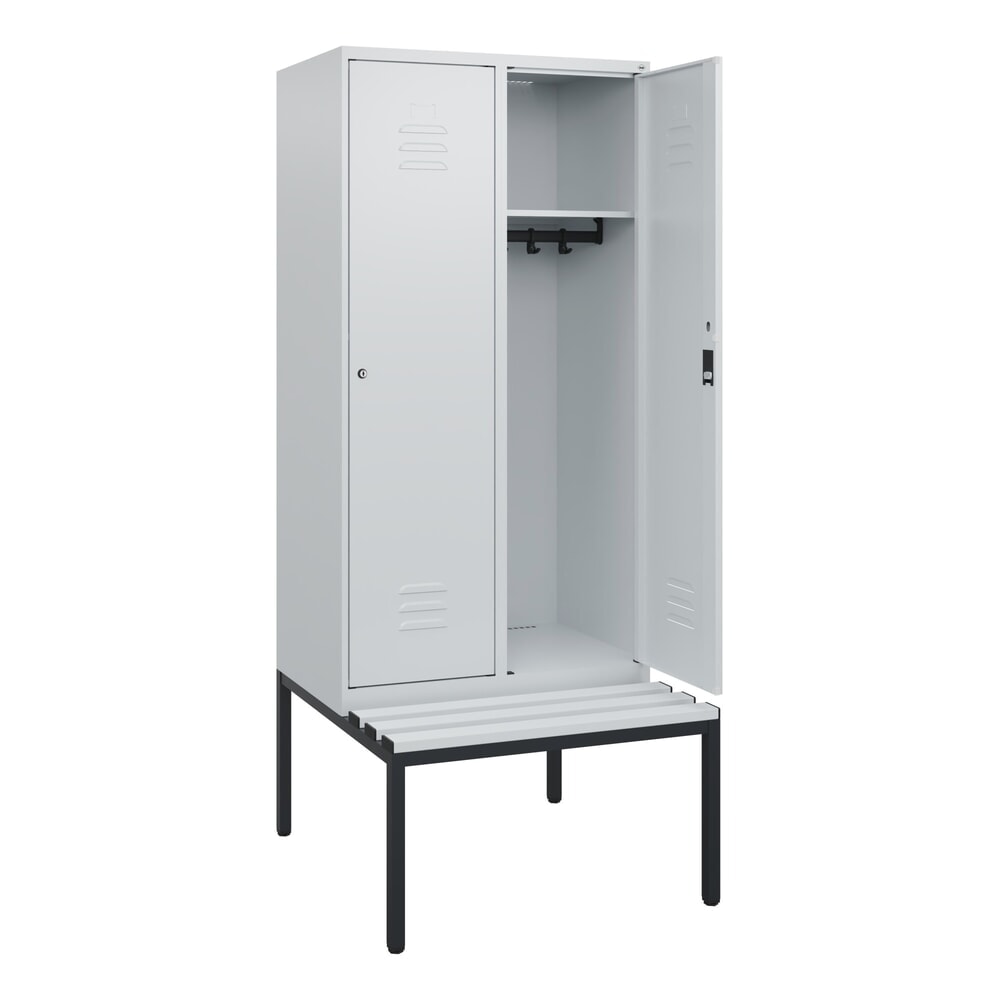 Illustration du produit: C+P Spind Classic PLUS, 2 Abteile, HxBxT 1.950 x 800 x 815 mm, Zylinderschloss, untergebaute Bank aus Kunststoff, lichtgrau, lichtgrau