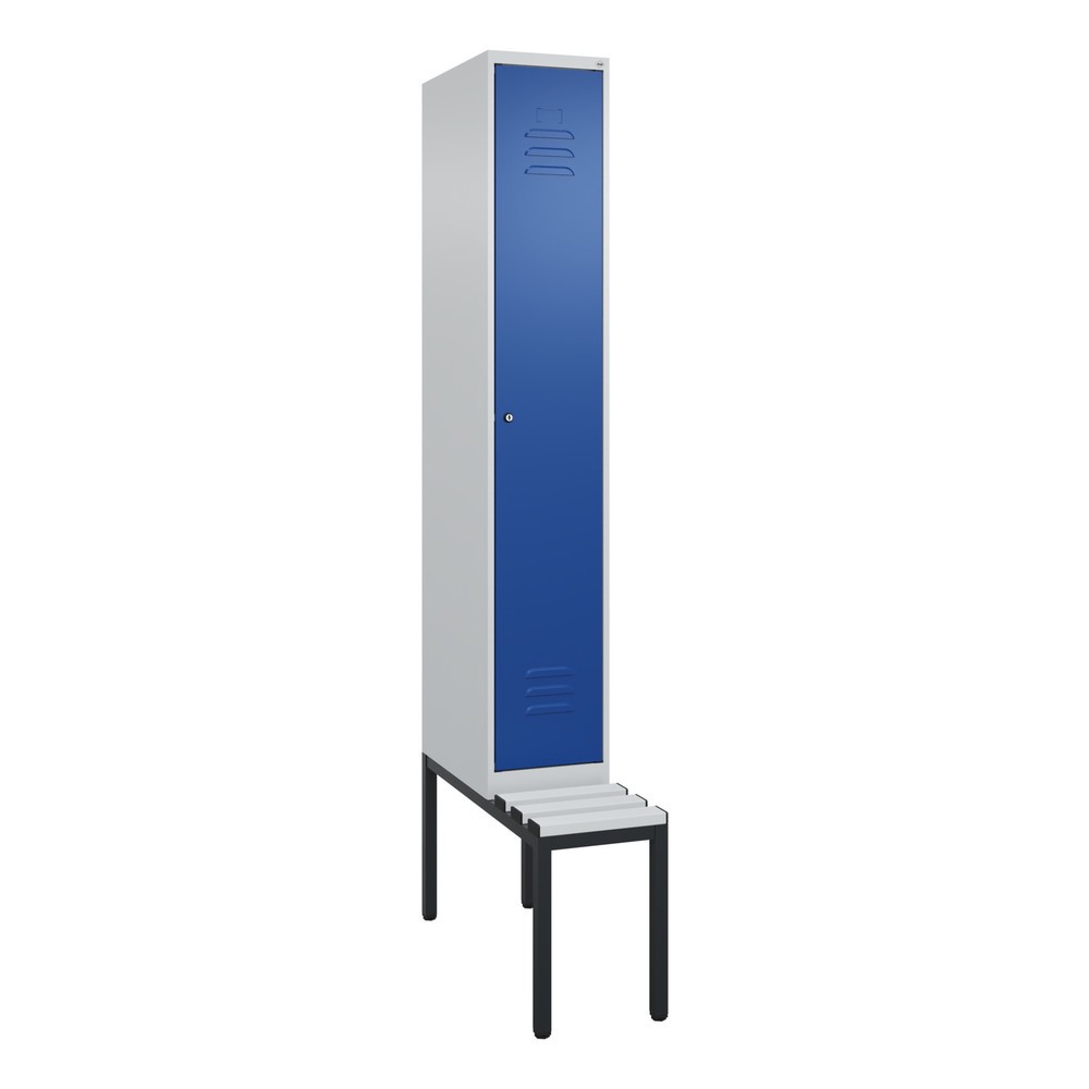 Produktabbildung: C+P Spind Classic PLUS, 1 Abteil, HxBxT 2.120 x 300 x 815 mm, Zylinderschloss, untergebaute Bank aus Kunststoff, lichtgrau, enzianblau