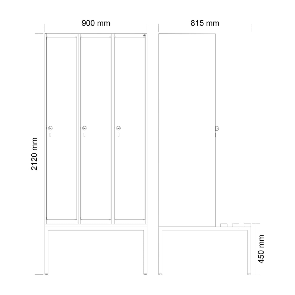 N° de l'image du produit 8 : C+P Spind Classic PLUS, 3 Abteile, HxBxT 2.120 x 900 x 815 mm, für Vorhängeschloss, untergebaute Bank aus Kunststoff, lichtgrau, lichtgrau
