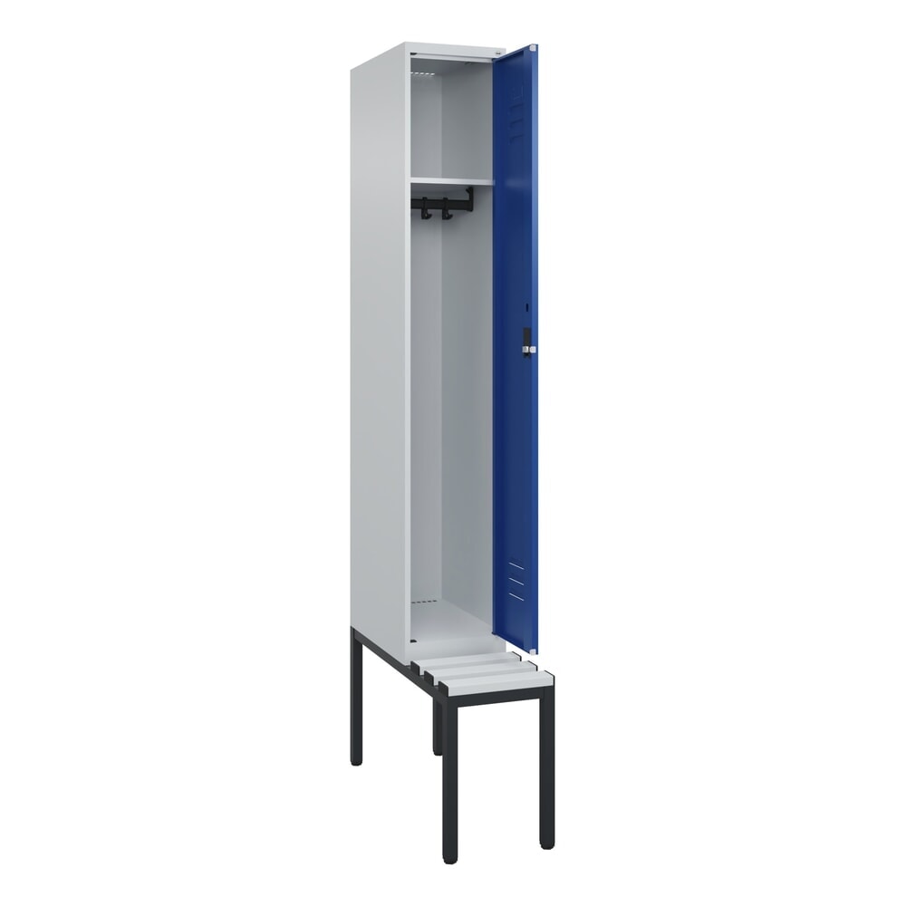 N° de l'image du produit 1 : C+P Spind Classic PLUS, 1 Abteil, HxBxT 2.120 x 300 x 815 mm, Zylinderschloss, untergebaute Bank aus Kunststoff, lichtgrau, enzianblau