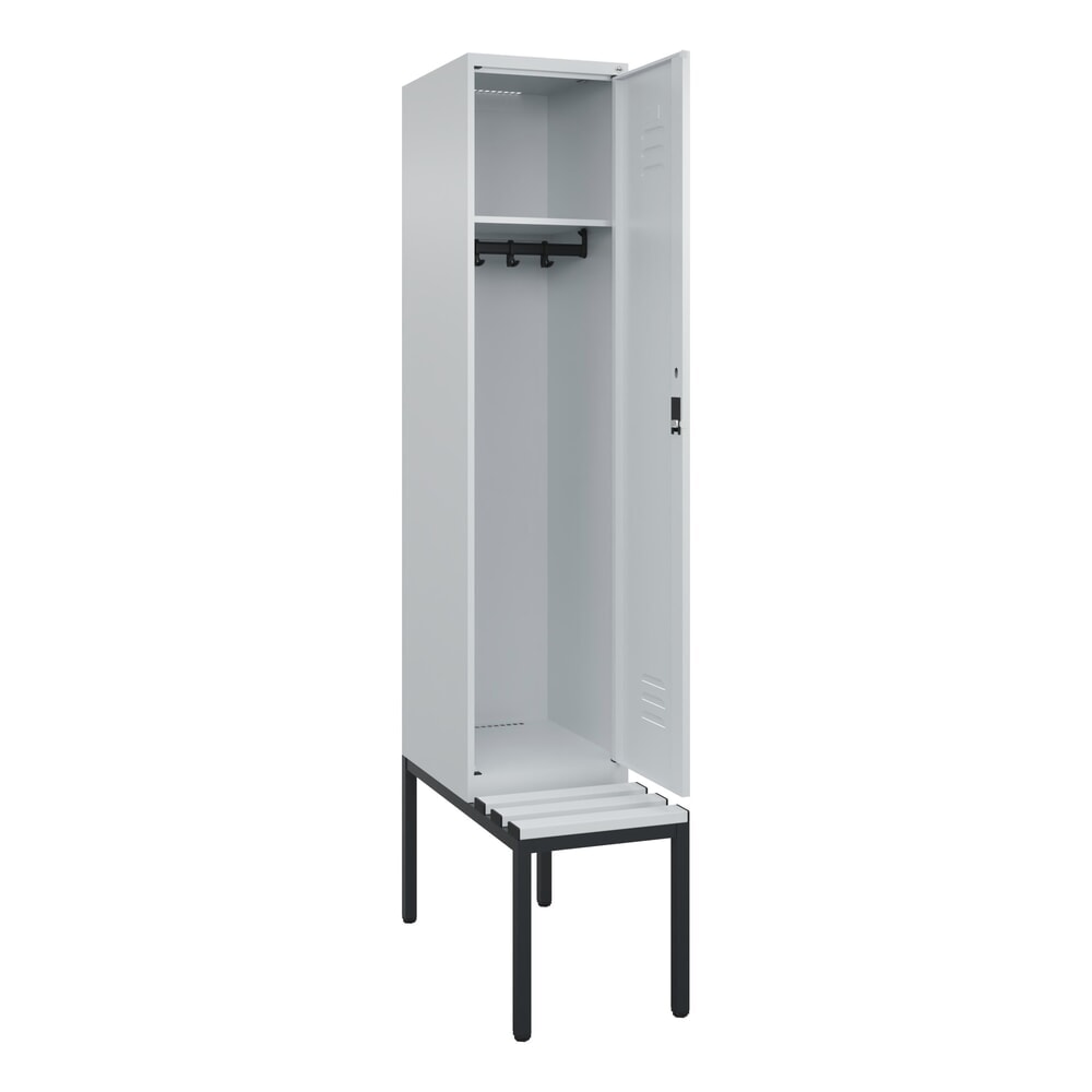 Produktabbildung: C+P Spind Classic PLUS, 1 Abteil, HxBxT 2.120 x 400 x 815 mm, Zylinderschloss, untergebaute Bank aus Kunststoff, lichtgrau, lichtgrau