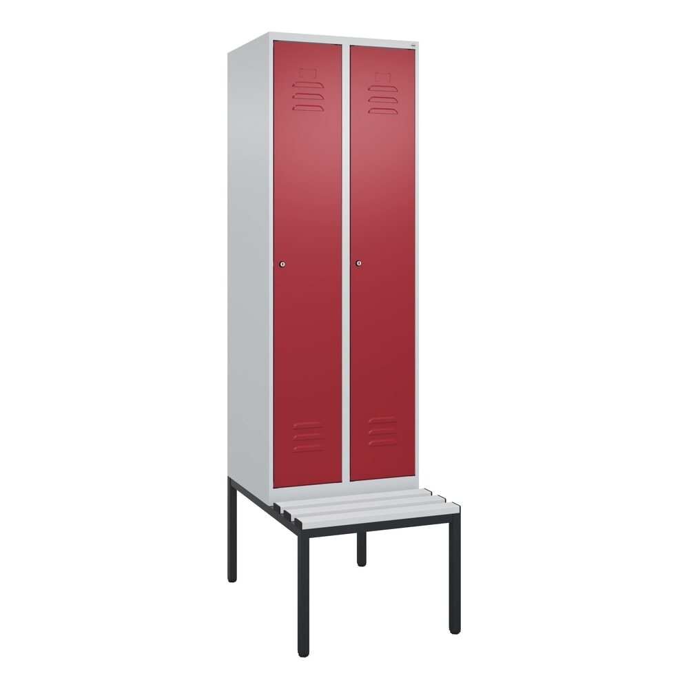 N° de l'image du produit 9 : C+P Spind Classic PLUS, 2 Abteile, HxBxT 2.120 x 600 x 815 mm, Zylinderschloss, untergebaute Bank aus Kunststoff, lichtgrau, rubinrot
