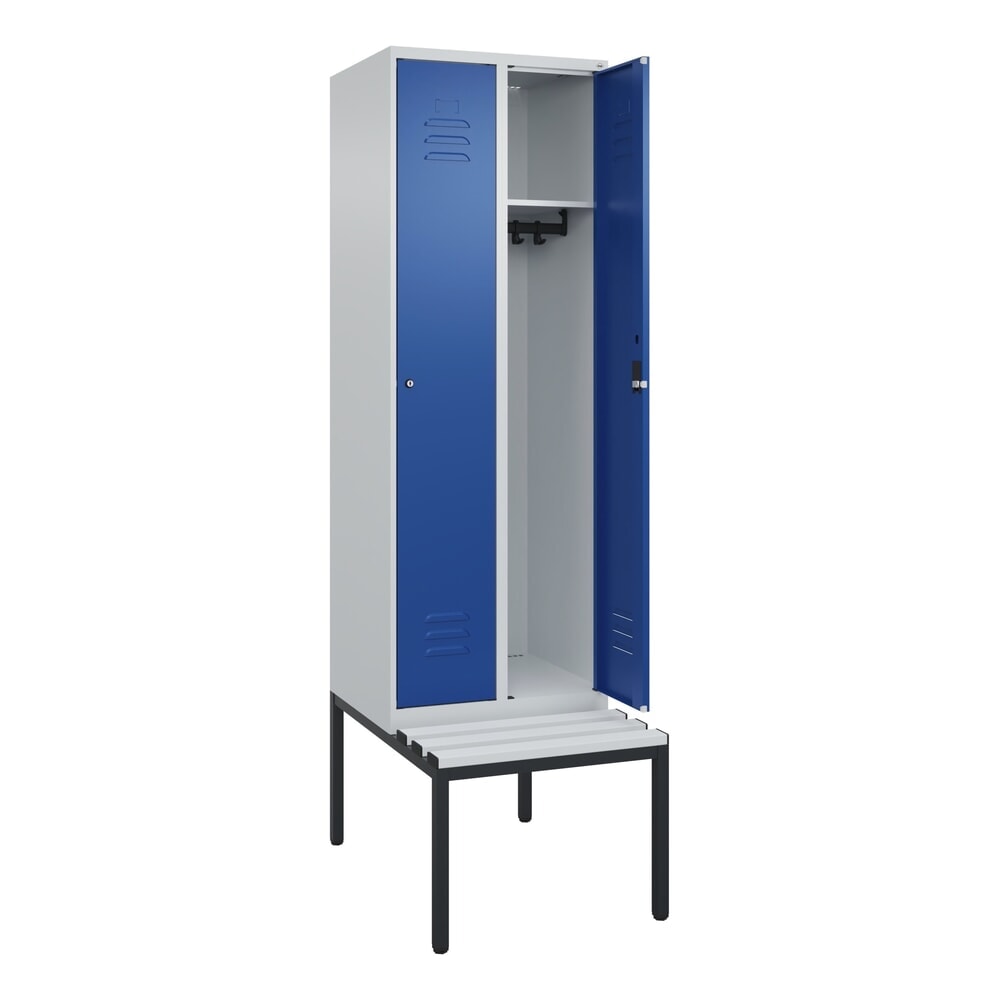 Illustration du produit: C+P Spind Classic PLUS, 2 Abteile, HxBxT 2.120 x 600 x 815 mm, Zylinderschloss, untergebaute Bank aus Kunststoff, lichtgrau, enzianblau