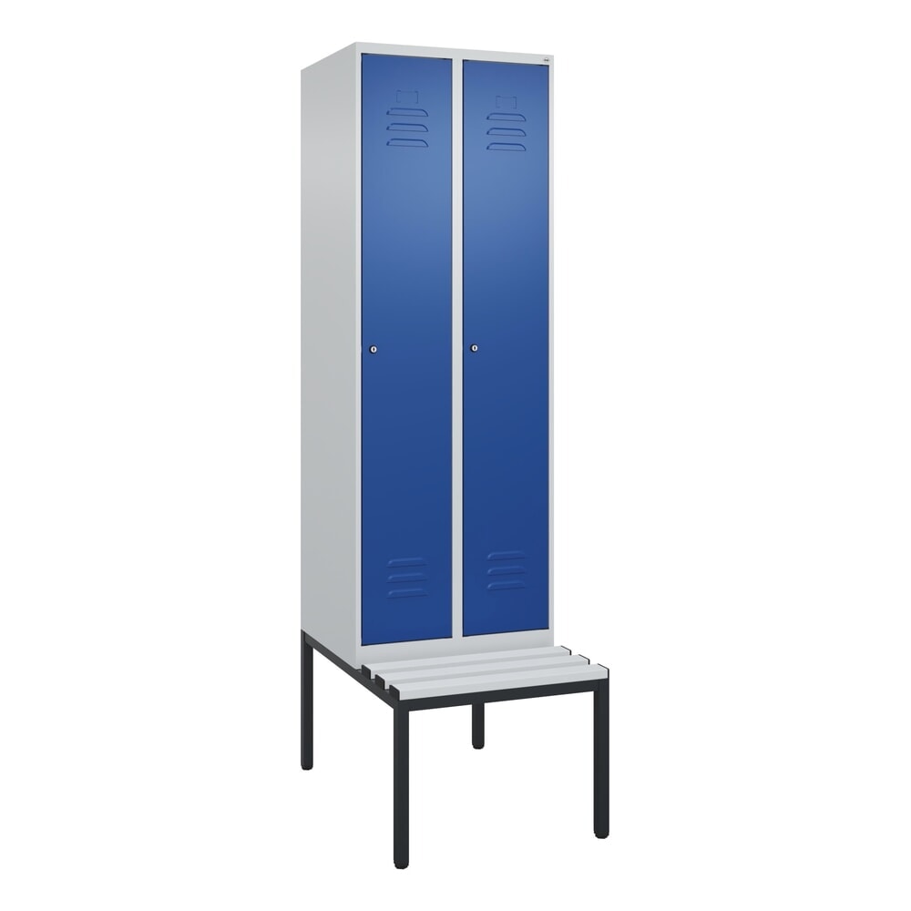 N° de l'image du produit 9 : C+P Spind Classic PLUS, 2 Abteile, HxBxT 2.120 x 600 x 815 mm, Zylinderschloss, untergebaute Bank aus Kunststoff, lichtgrau, enzianblau