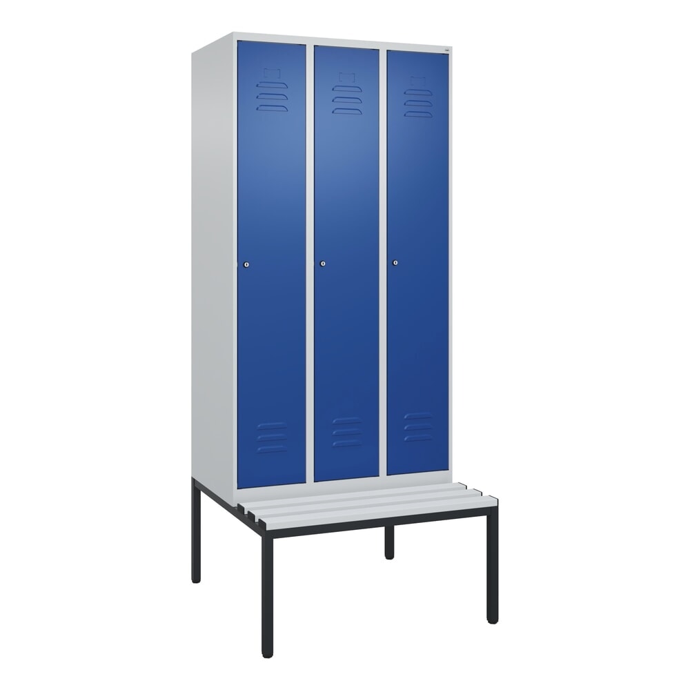 N° de l'image du produit 9 : C+P Spind Classic PLUS, 3 Abteile, HxBxT 2.120 x 900 x 815 mm, Zylinderschloss, untergebaute Bank aus Kunststoff, lichtgrau, enzianblau