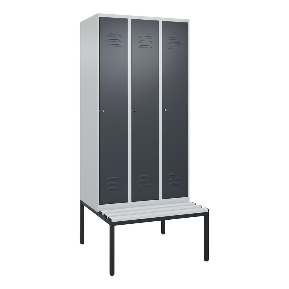 N° de l'image du produit 9 : C+P Spind Classic PLUS, 3 Abteile, HxBxT 2.120 x 900 x 815 mm, Zylinderschloss, untergebaute Bank aus Kunststoff, lichtgrau, anthrazitgrau