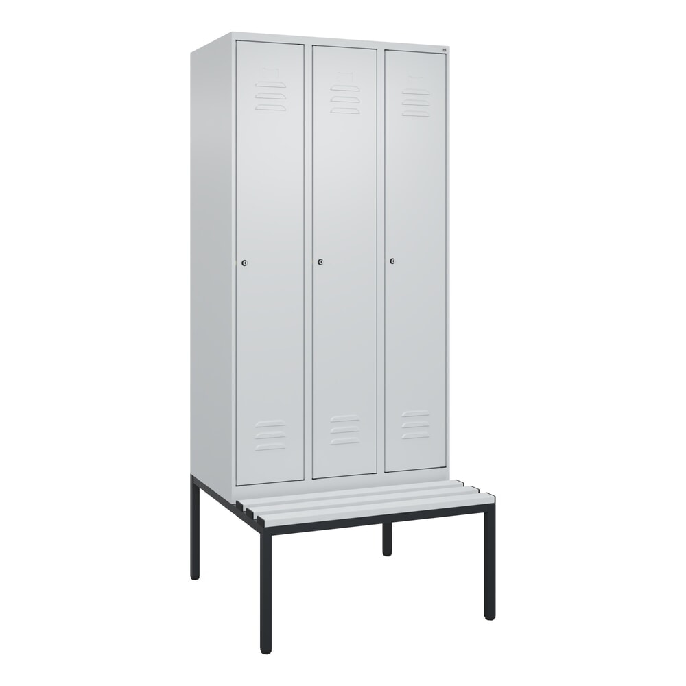 N° de l'image du produit 9 : C+P Spind Classic PLUS, 3 Abteile, HxBxT 2.120 x 900 x 815 mm, Zylinderschloss, untergebaute Bank aus Kunststoff, lichtgrau, lichtgrau