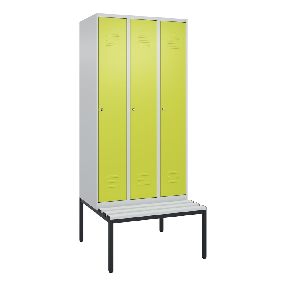 N° de l'image du produit 9 : C+P Spind Classic PLUS, 3 Abteile, HxBxT 2.120 x 900 x 815 mm, Zylinderschloss, untergebaute Bank aus Kunststoff, lichtgrau, clowngrün