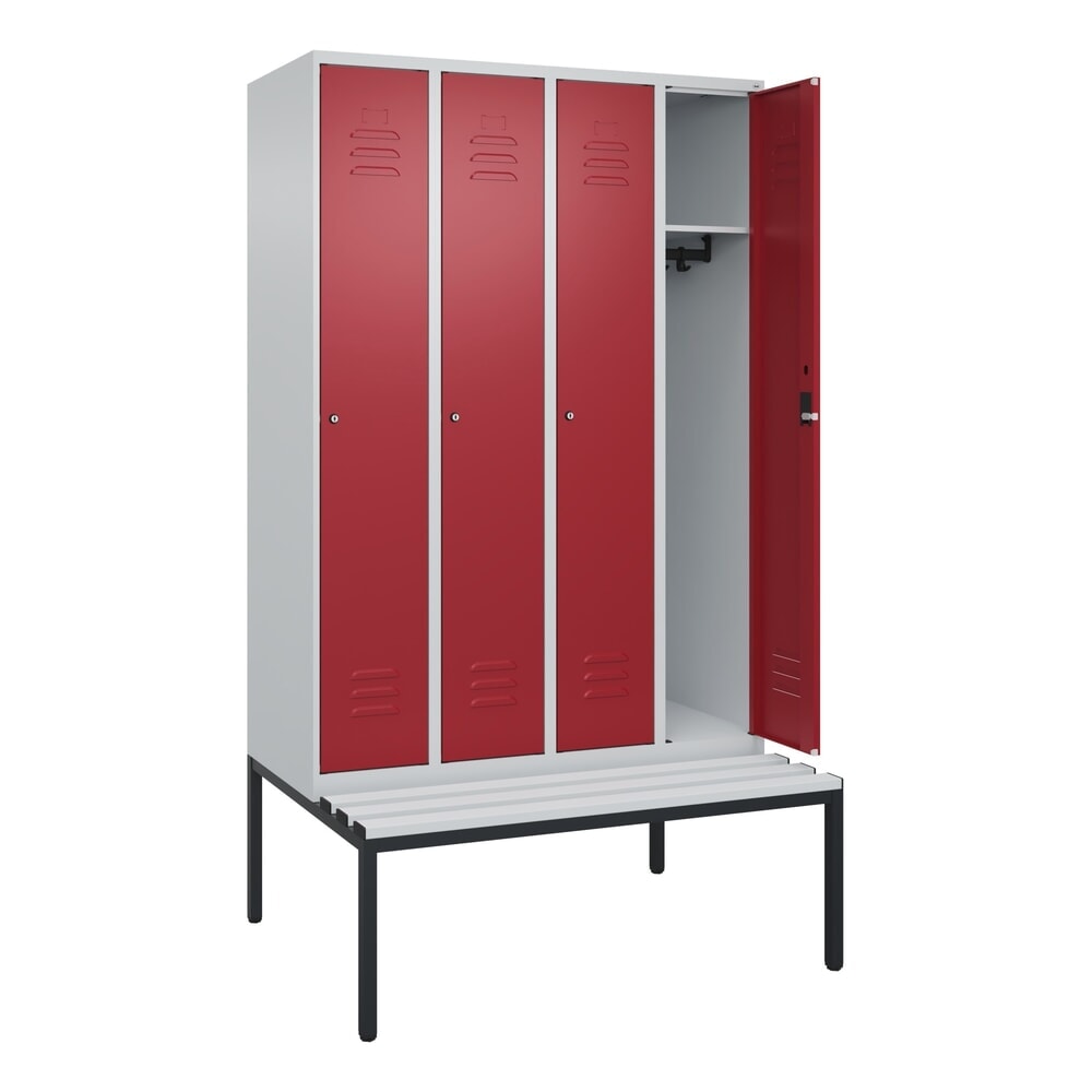 N° de l'image du produit 1 : C+P Spind Classic PLUS, 4 Abteile, HxBxT 2.120 x 1.200 x 815 mm, Zylinderschloss, untergebaute Bank aus Kunststoff, lichtgrau, rubinrot