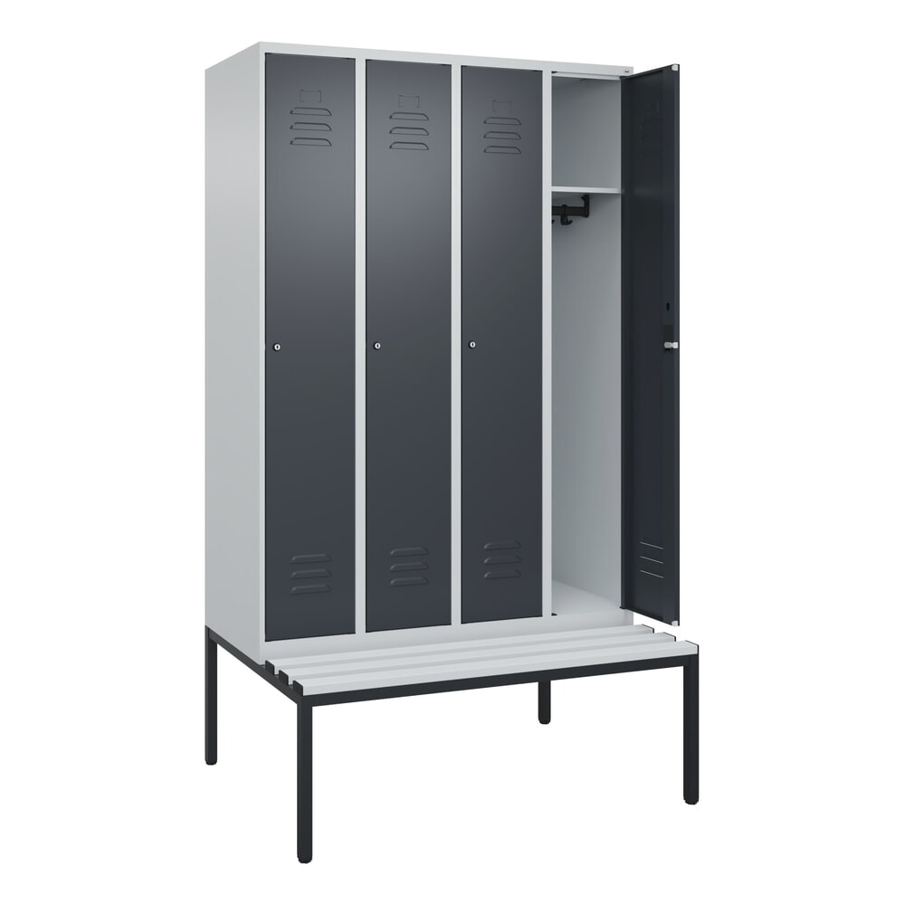 Illustration du produit: C+P Spind Classic PLUS, 4 Abteile, HxBxT 2.120 x 1.200 x 815 mm, Zylinderschloss, untergebaute Bank aus Kunststoff, lichtgrau, anthrazitgrau