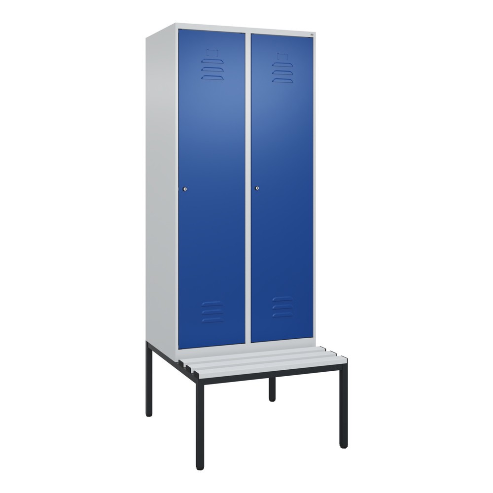 Illustration du produit: C+P Spind Classic PLUS, 2 Abteile, Trennwand, HxBxT 2.120 x 800 x 815 mm, Zylinderschloss, Trennwand, untergebaute Bank aus Kunststoff, lichtgrau, enzianblau