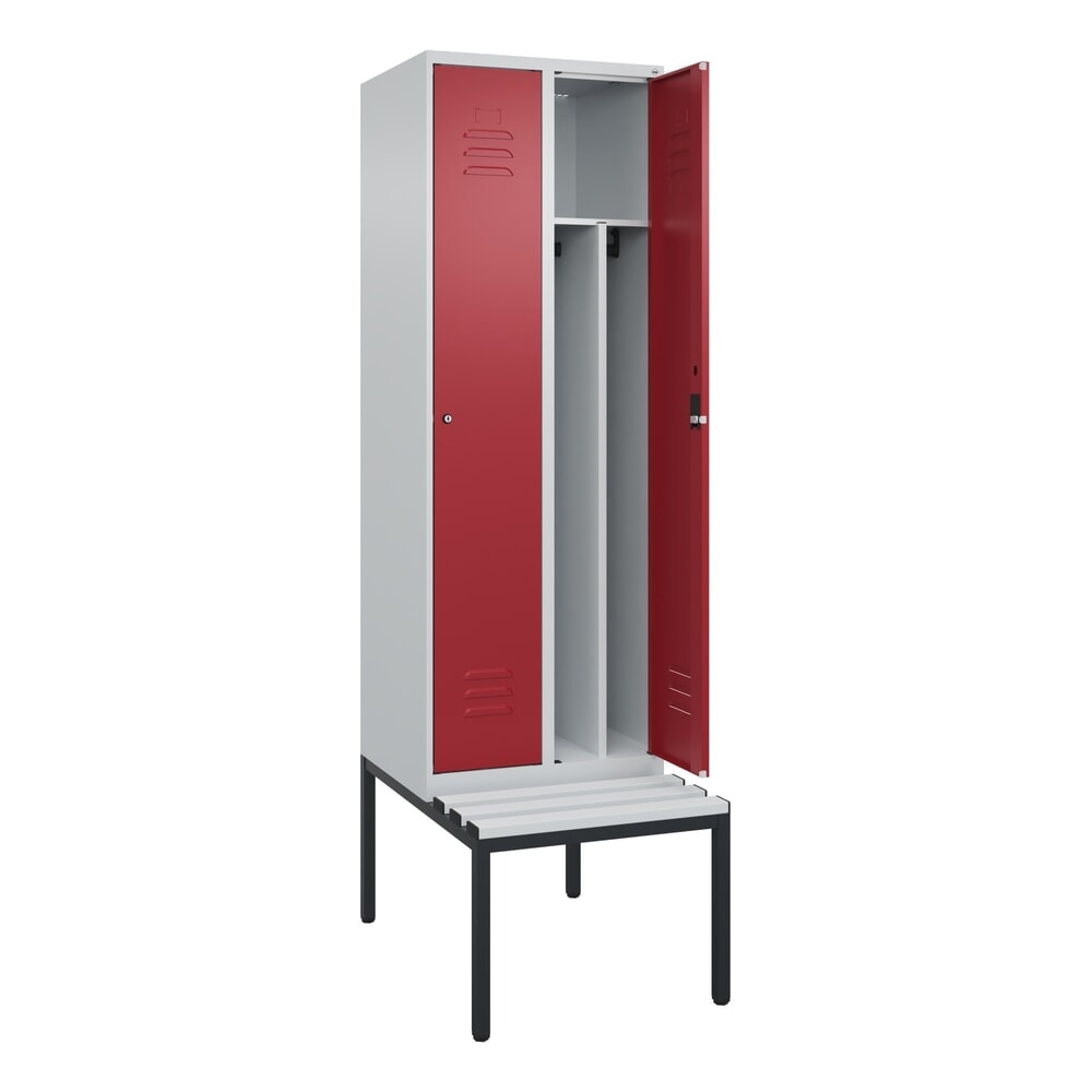 Illustration du produit: C+P Spind Classic PLUS, 2 Abteile, Trennwand, HxBxT 2.120 x 600 x 815 mm, Zylinderschloss, Trennwand, untergebaute Bank aus Kunststoff, lichtgrau, rubinrot