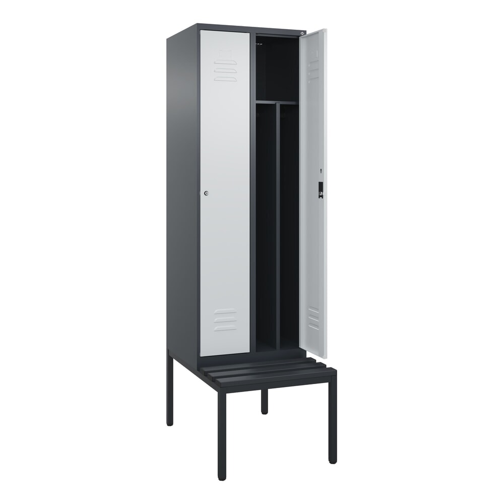 Illustration du produit: C+P Spind Classic PLUS, 2 Abteile, Trennwand, HxBxT 2.120 x 600 x 815 mm, Zylinderschloss, Trennwand, untergebaute Bank aus Kunststoff, anthrazitgrau, lichtgrau