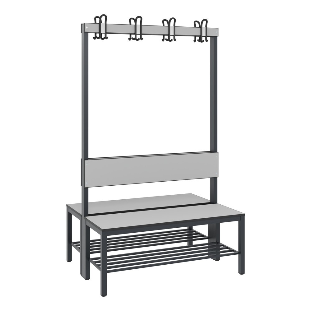 Produktabbildung Nr. 1: C+P Umkleidesitzbank Basic Plus, Länge 1.000 mm, doppelseitig, mit Rückenlehne, 2x4 Doppelhaken, inkl. Schuhrost, schwarzgrau/silbergrau
