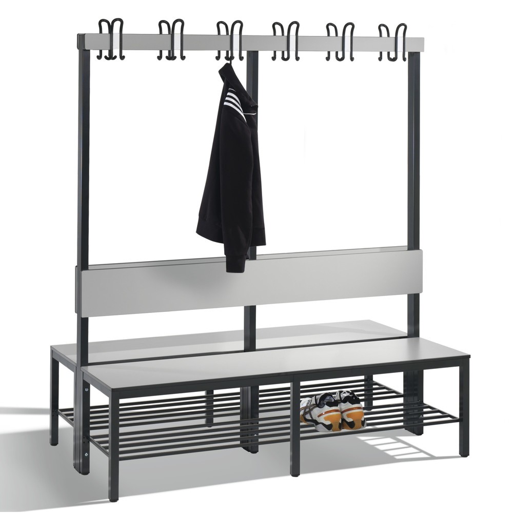 Produktabbildung Nr. 1: C+P Umkleidesitzbank Basic Plus, Länge 1.500 mm, doppelseitig, mit Rückenlehne, 2x6 Doppelhaken, inkl. Schuhrost, schwarzgrau/silbergrau